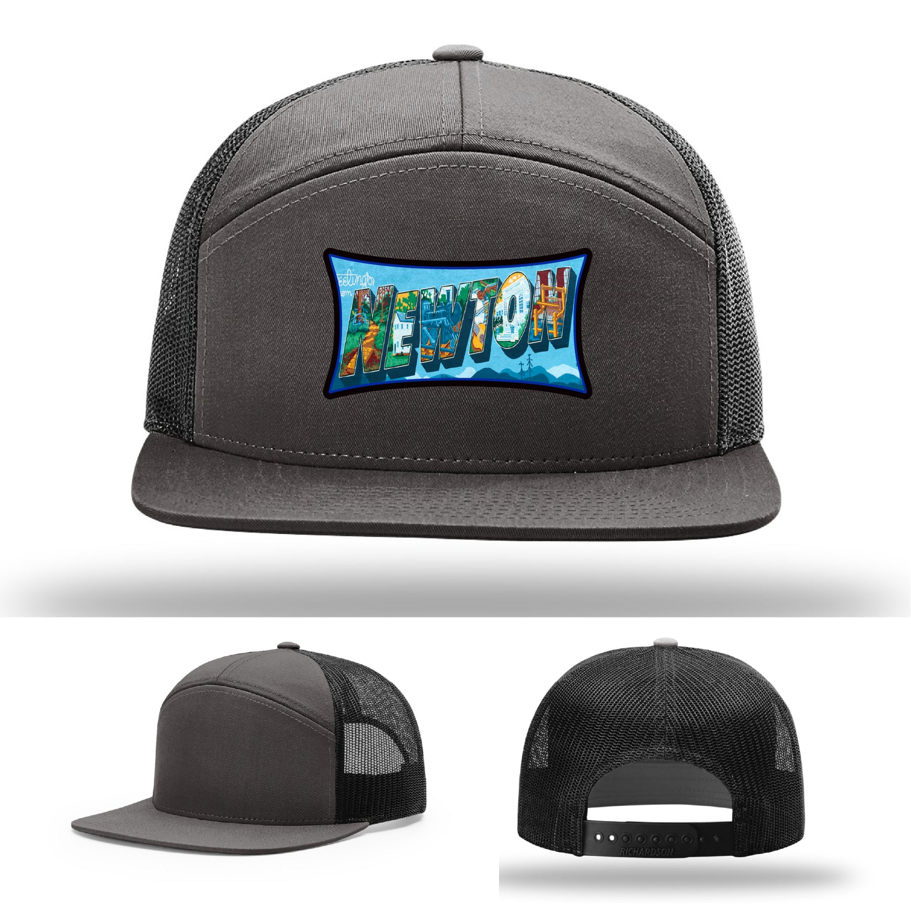 Richardson hat with leather patch featuring Newton NC mural artwork from downtown.