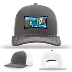 Richardson hat with leather patch featuring Newton NC mural artwork from downtown.