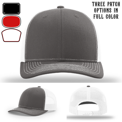 Passport-style leather patch variants shown for custom firefighter Richardson hats – variant layout options for firefighter travel hats.