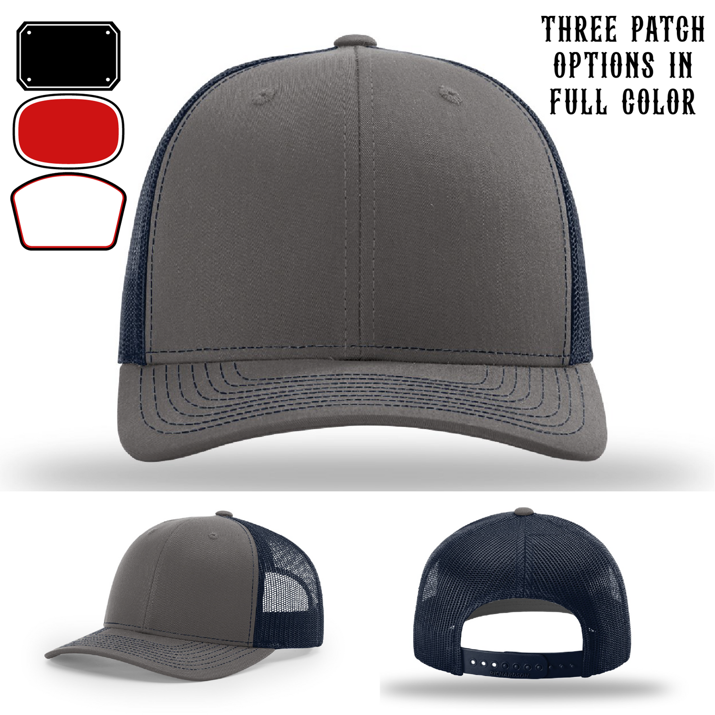 Passport-style leather patch variants shown for custom firefighter Richardson hats – display guide for custom passport fire patches.