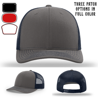 Passport-style leather patch variants shown for custom firefighter Richardson hats – display guide for custom passport fire patches.