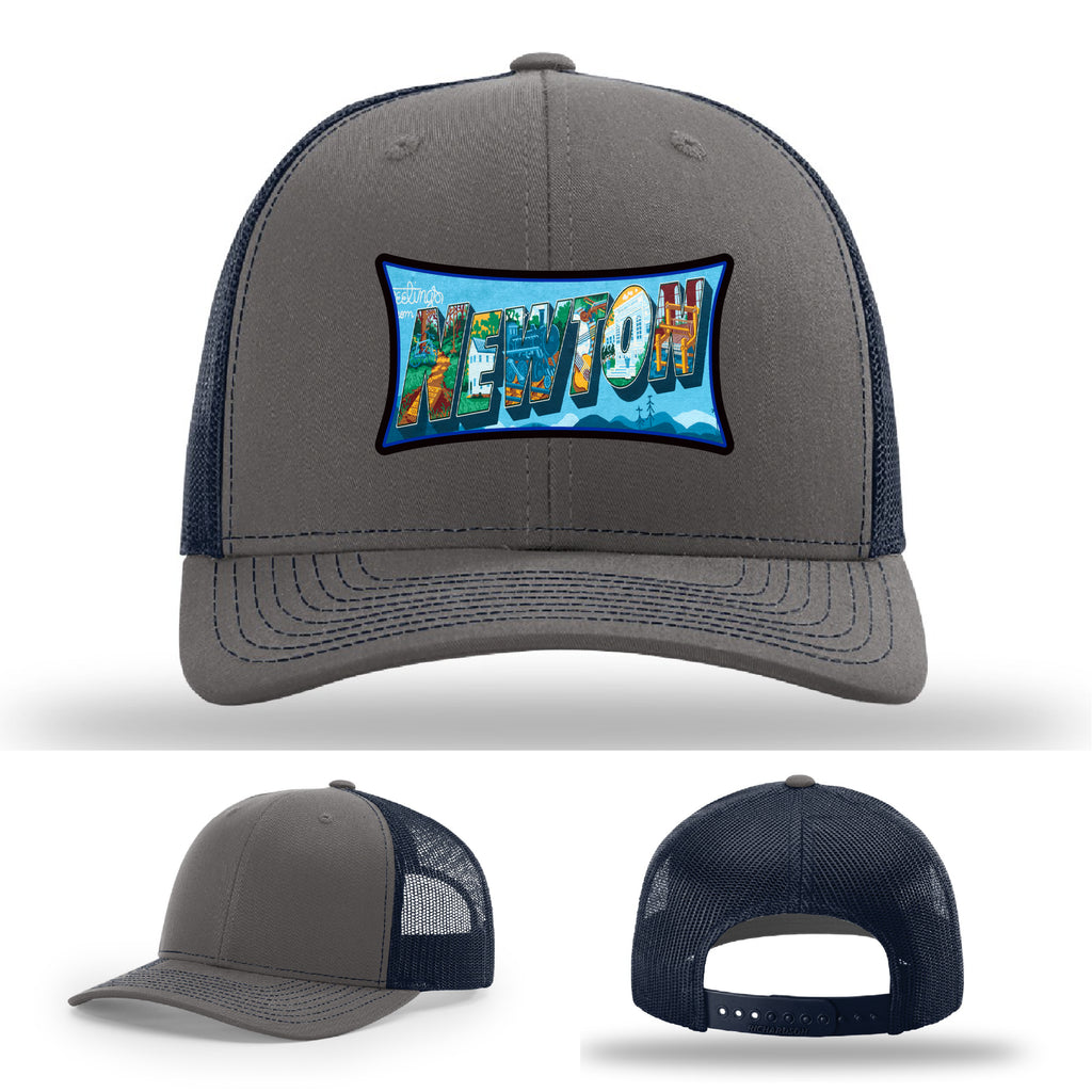Richardson hat with leather patch featuring Newton NC mural artwork from downtown.