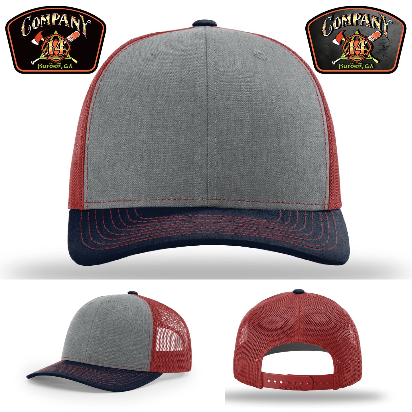 Company 14 firefighter leather patch hat honoring Buford’s fire service – made to represent your department