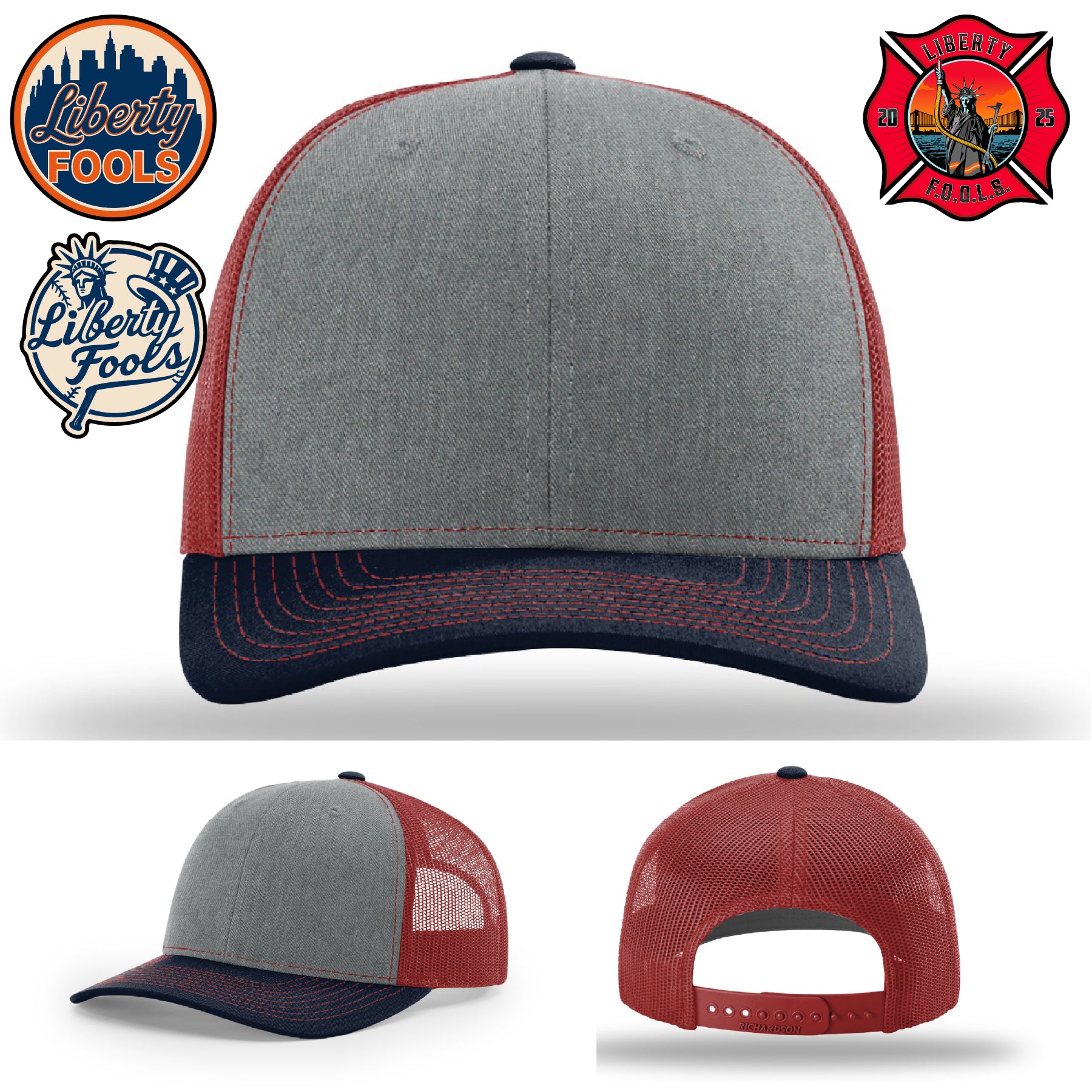 Liberty City FOOLS firefighter hat logo variants – Liberty FOOLS layout reference image.