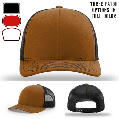 Passport-style leather patch variants shown for custom firefighter Richardson hats – Richardson hat sample with passport patch layouts.