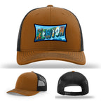 Richardson hat with leather patch featuring Newton NC mural artwork from downtown.