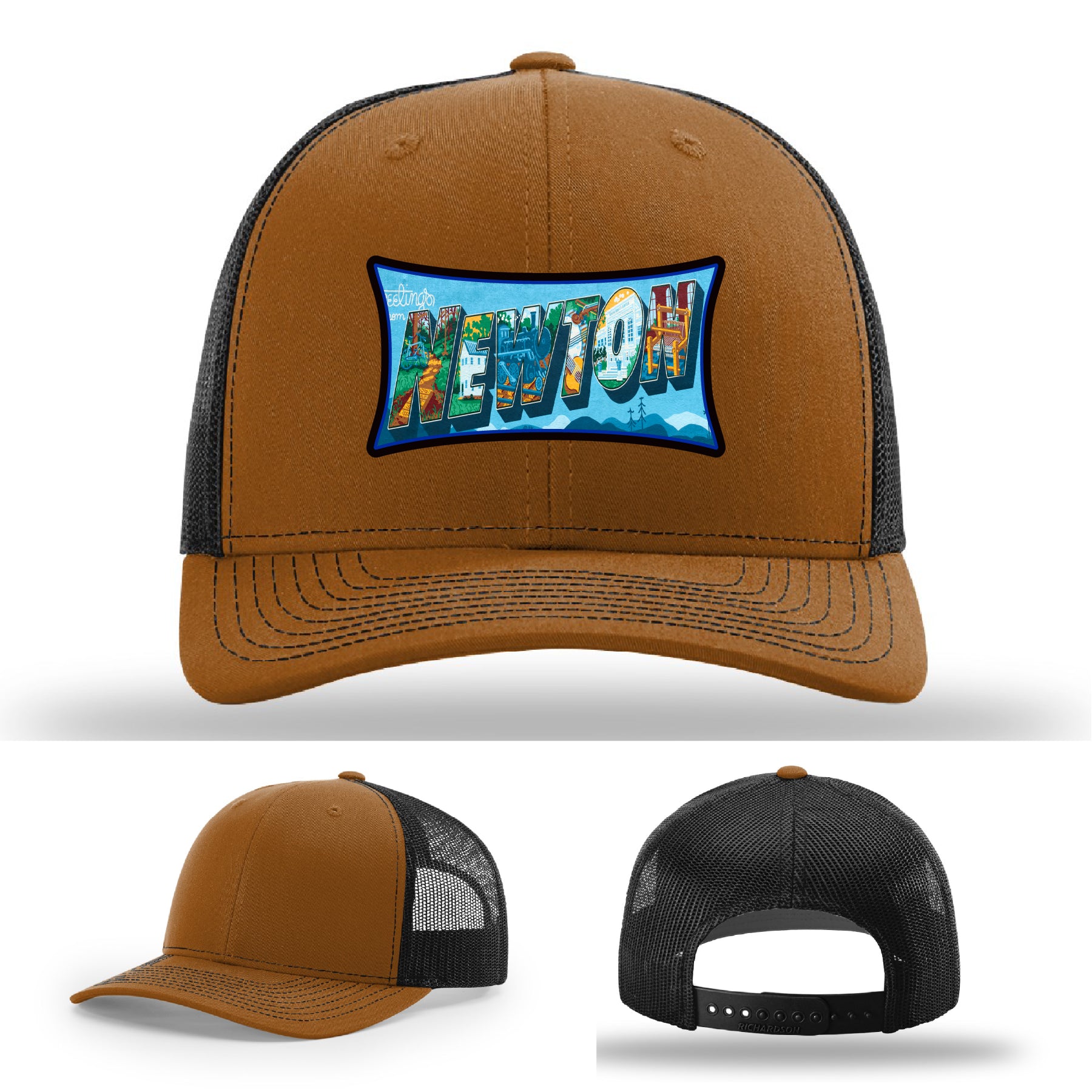 Richardson hat with leather patch featuring Newton NC mural artwork from downtown.