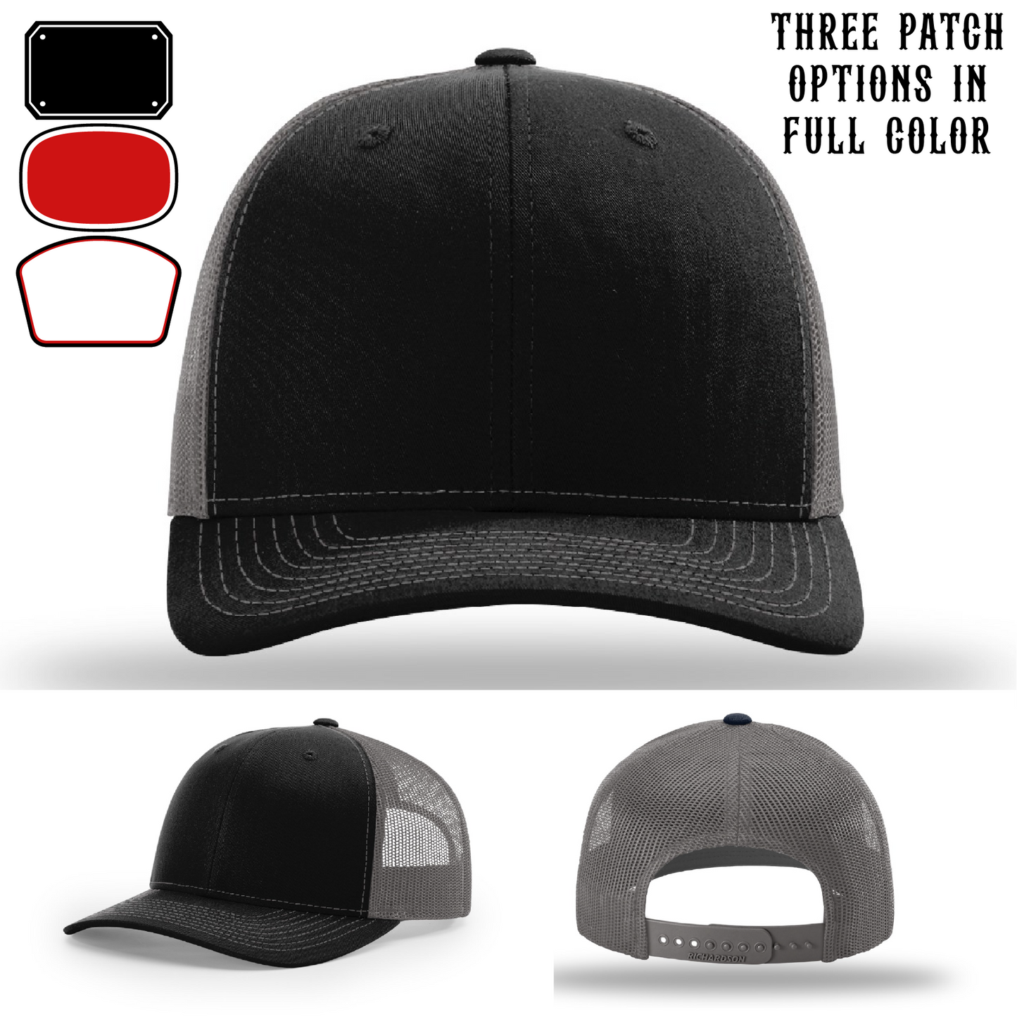 Passport-style leather patch variants shown for custom firefighter Richardson hats – previewing department-customizable patch styles.