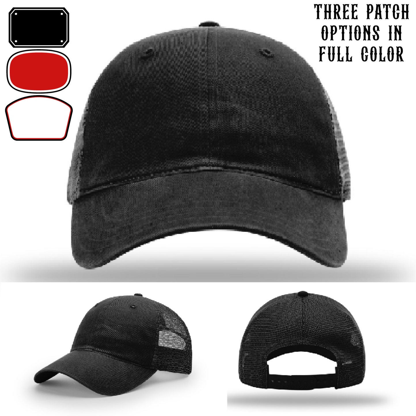 Passport-style leather patch variants shown for custom firefighter Richardson hats – showing visual options for firefighter patch layout.