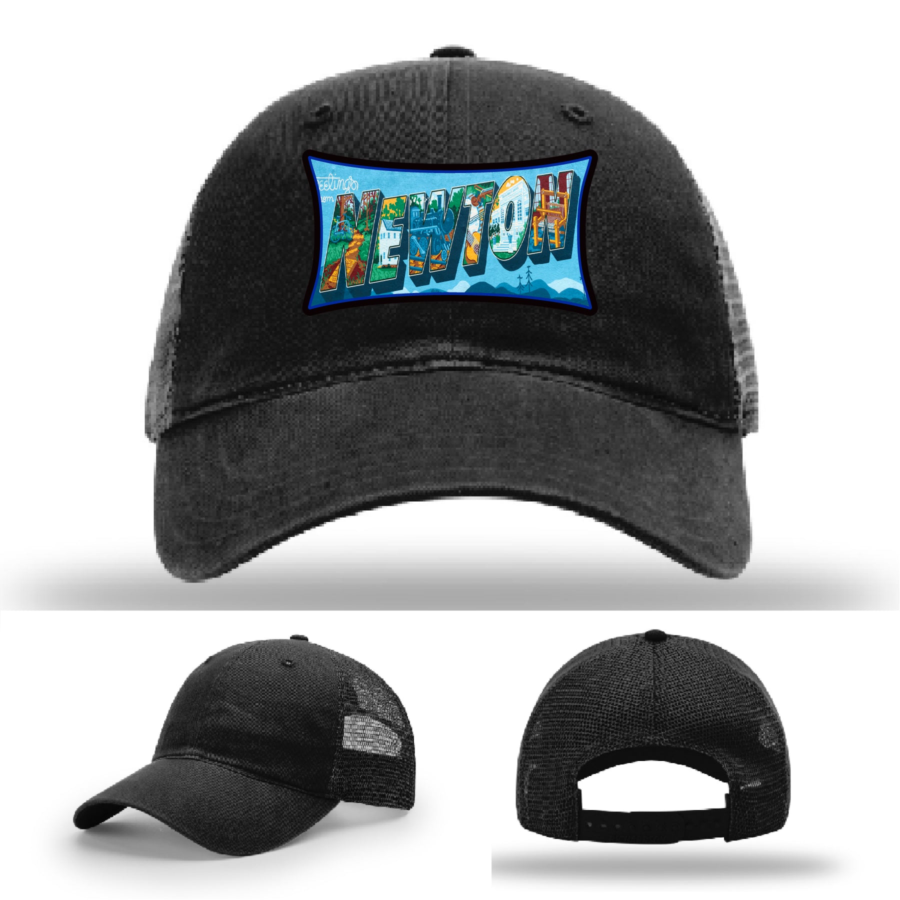 Richardson hat with leather patch featuring Newton NC mural artwork from downtown.