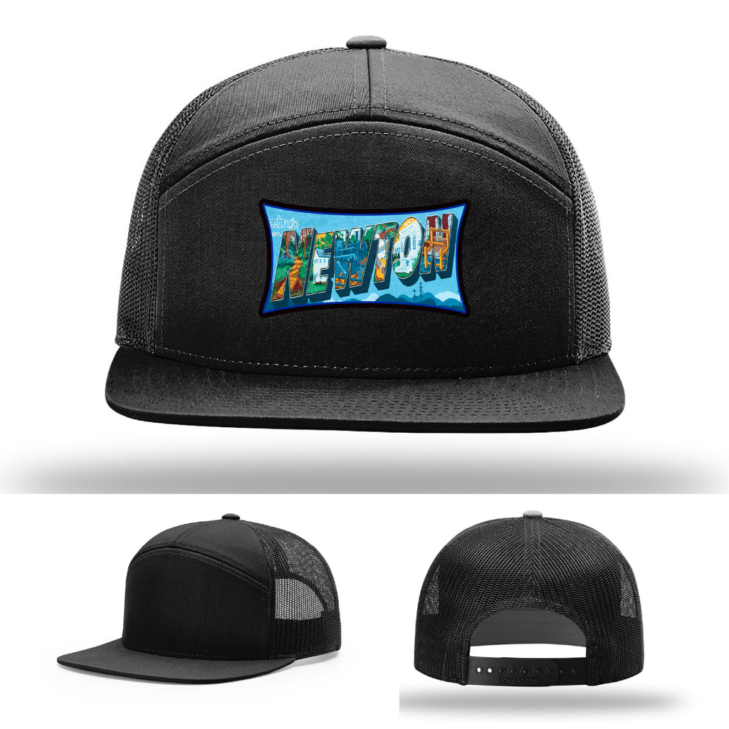 Richardson hat with leather patch featuring Newton NC mural artwork from downtown.