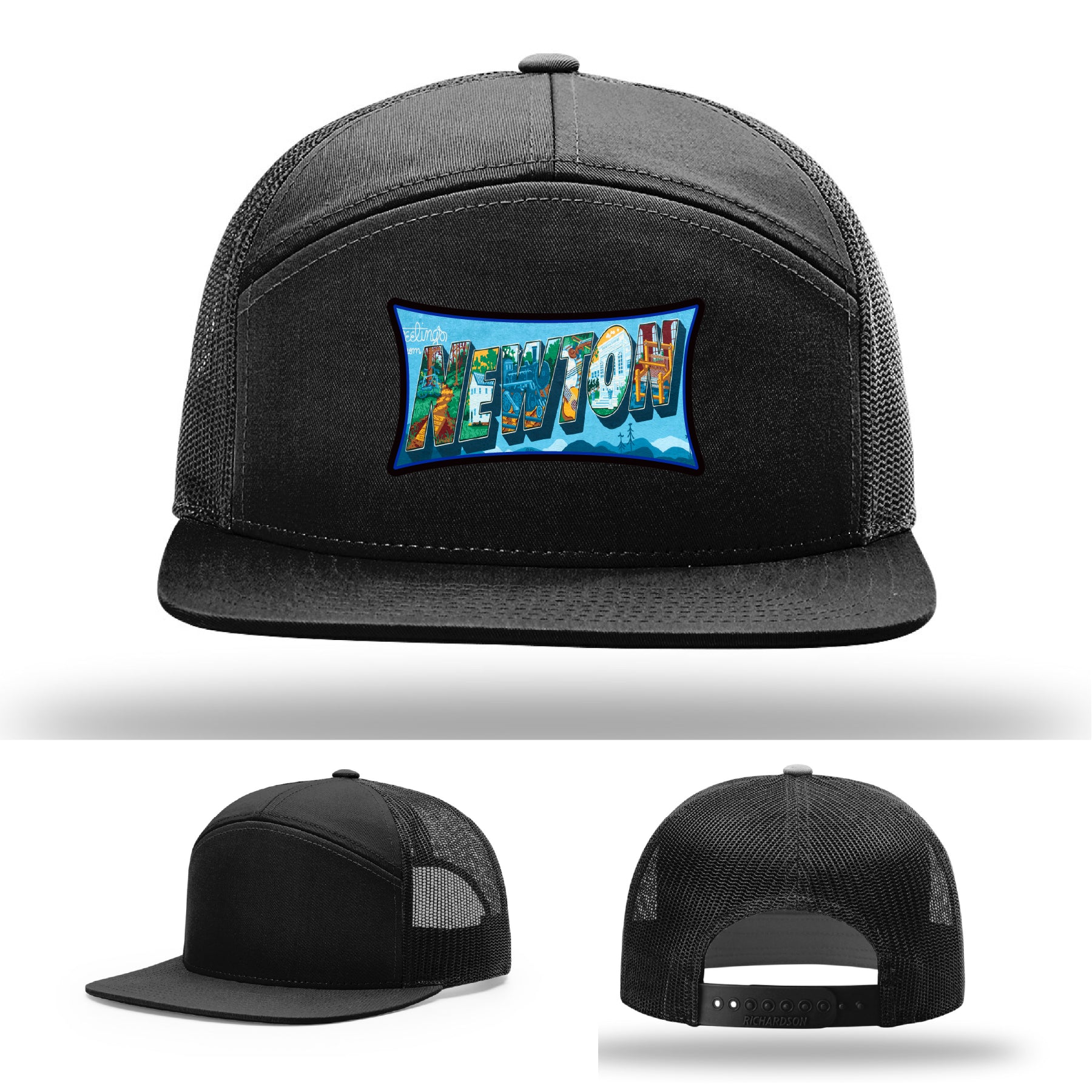 Richardson hat with leather patch featuring Newton NC mural artwork from downtown.