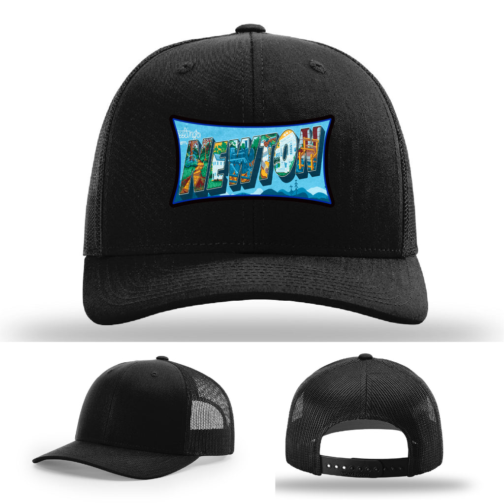 Richardson hat with leather patch featuring Newton NC mural artwork from downtown.