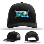 Richardson hat with leather patch featuring Newton NC mural artwork from downtown.
