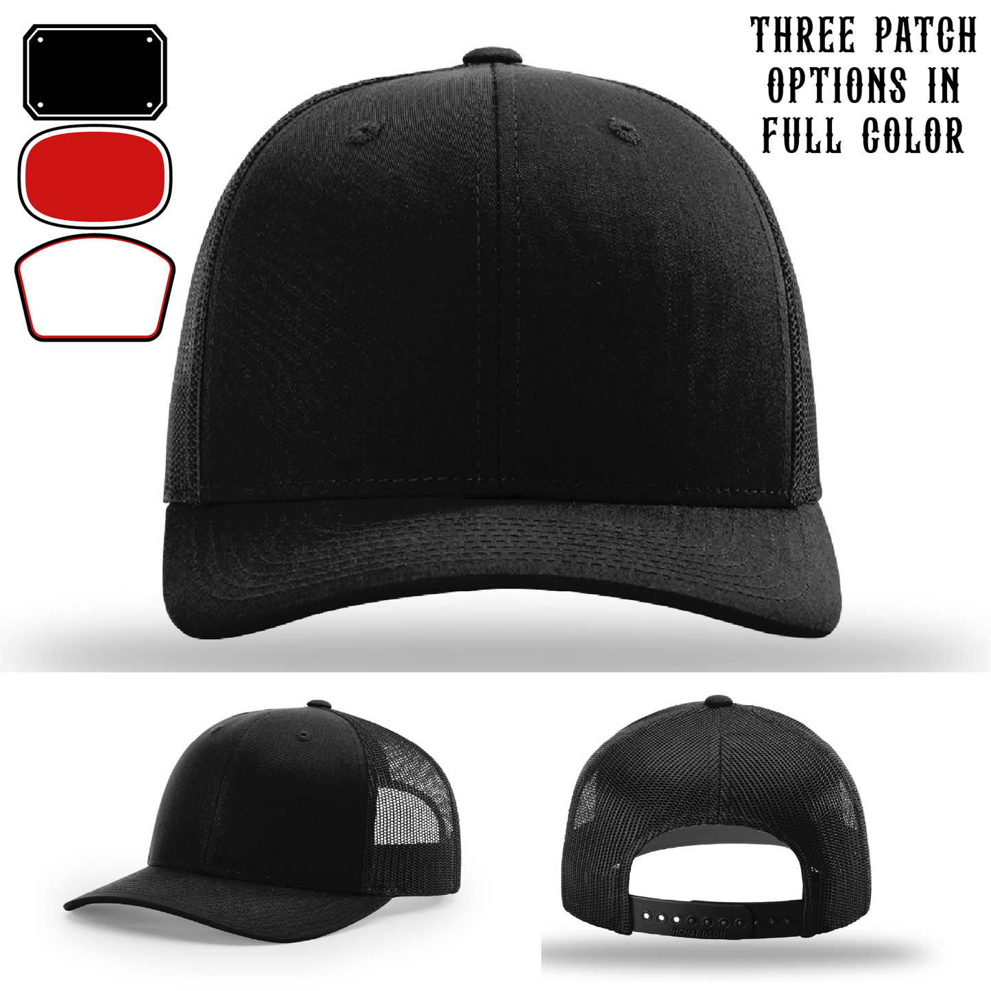 Passport-style leather patch variants shown for custom firefighter Richardson hats – displaying multiple layout options for fire departments.
