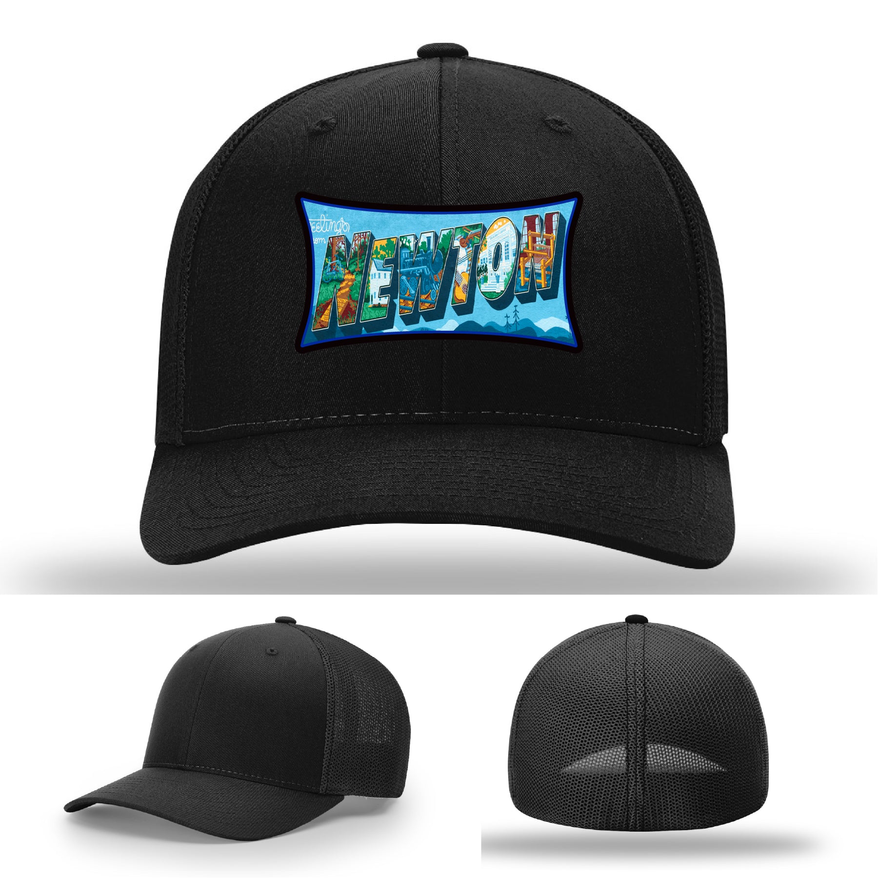 Richardson hat with leather patch featuring Newton NC mural artwork from downtown.