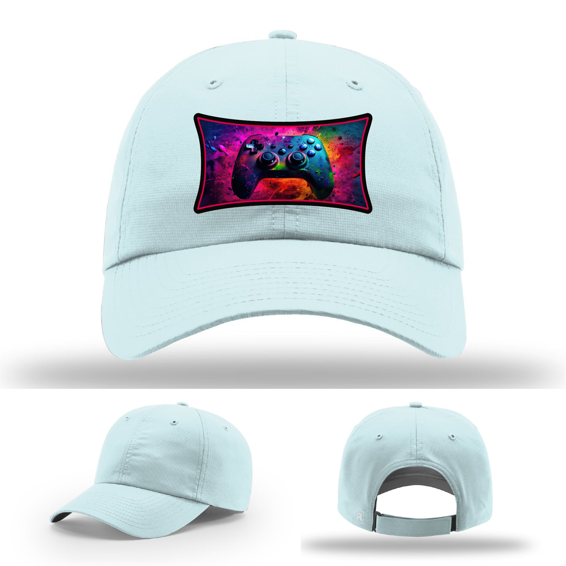 Custom Richardson gaming hat with neon galaxy controller patch – bold gamer merch.