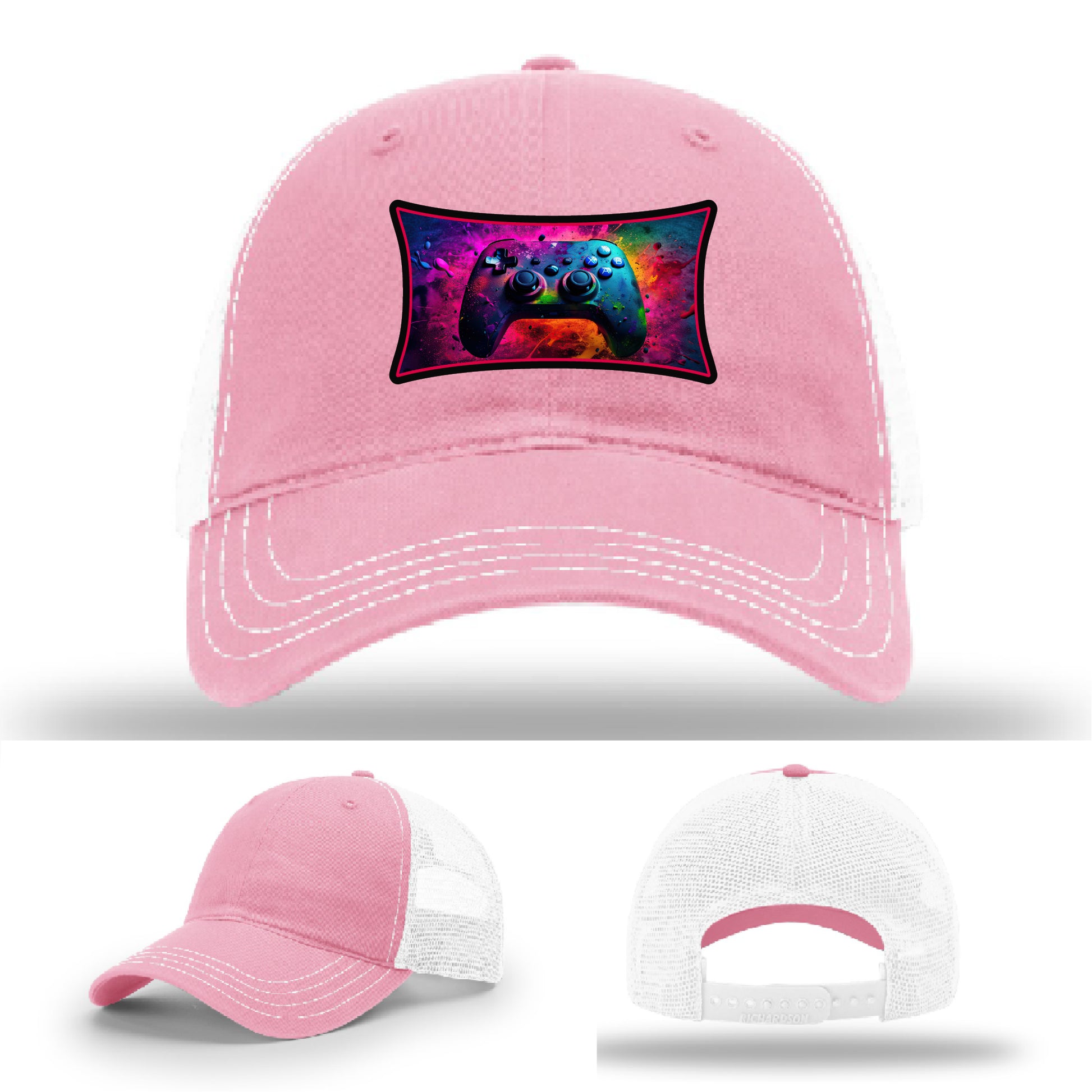Custom Richardson gaming hat with neon galaxy controller patch – bold gamer merch.