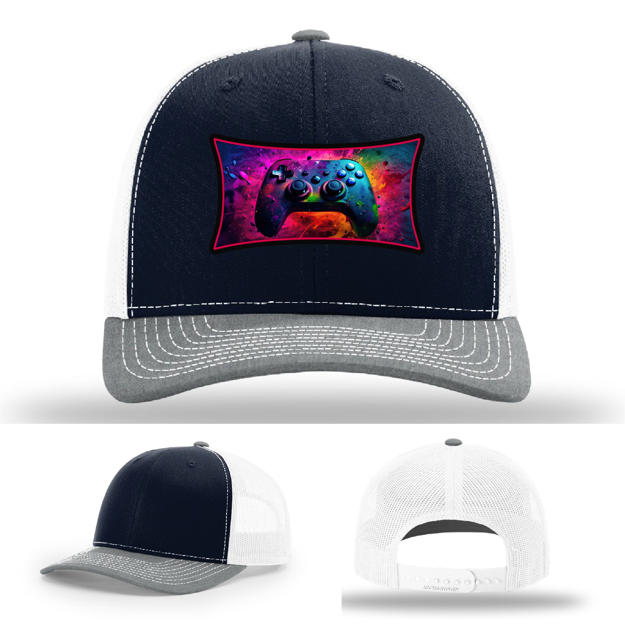 Custom Richardson gaming hat with neon galaxy controller patch – bold gamer merch.