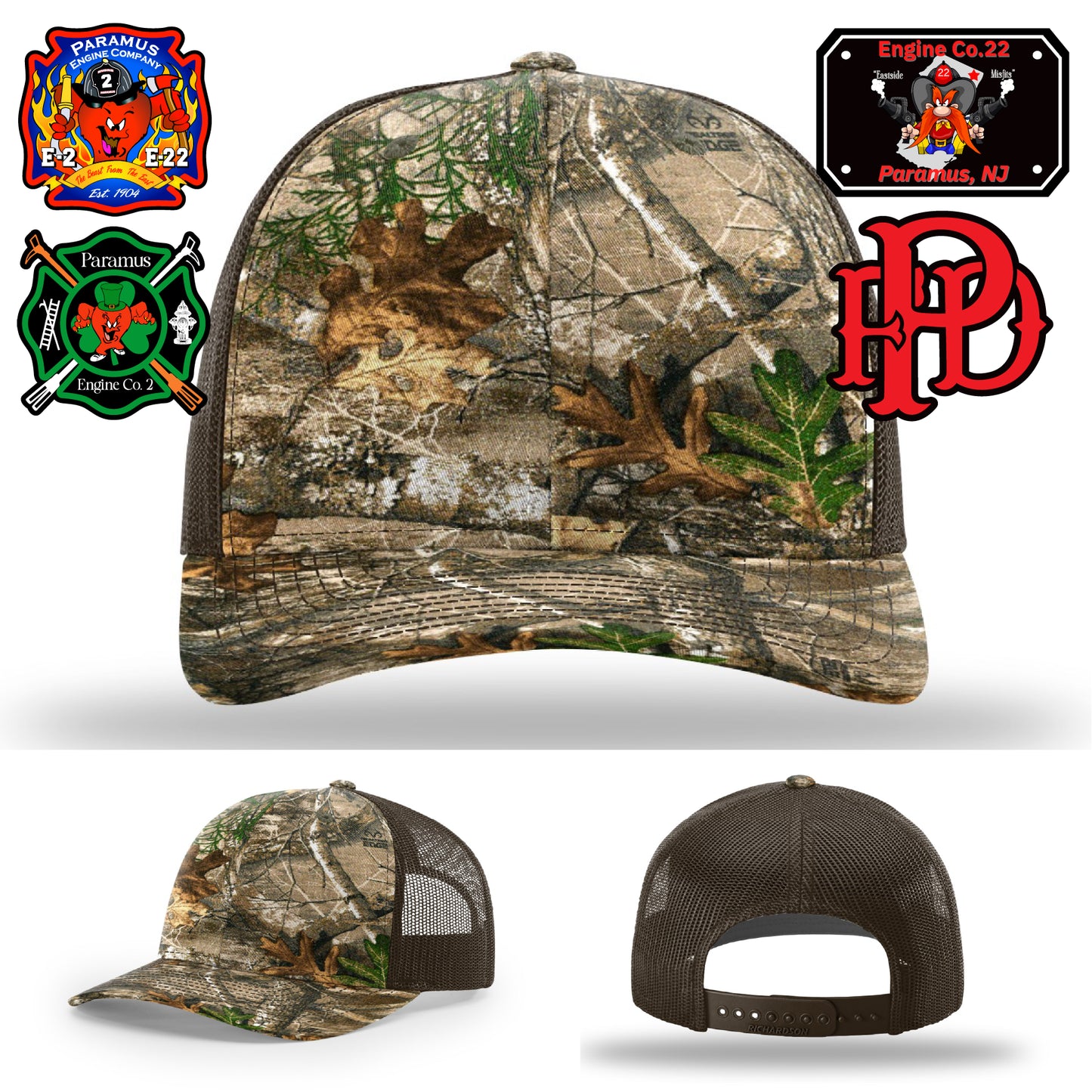 Personalized firefighter patch hat – Paramus E22 artwork with flames and helmet icon