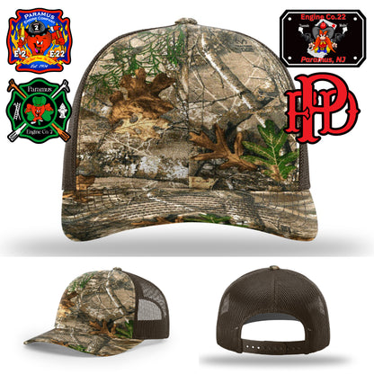Personalized firefighter patch hat – Paramus E22 artwork with flames and helmet icon