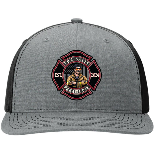 Custom firefighter and EMS hats featuring The Salty Paramedic's full-color leather patch design, shown on Richardson 112 and 110 hats for first responders.