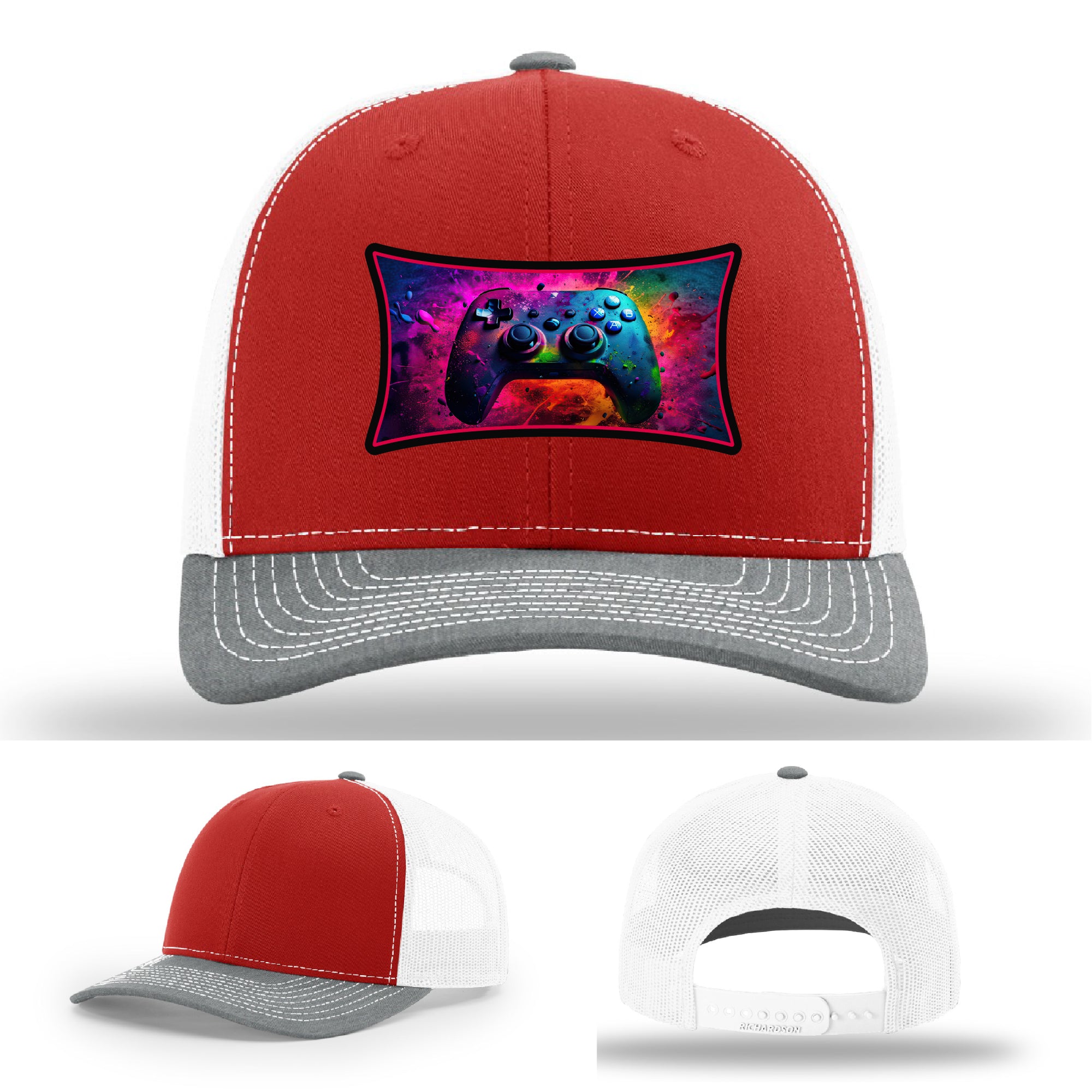 Custom Richardson gaming hat with neon galaxy controller patch – bold gamer merch.
