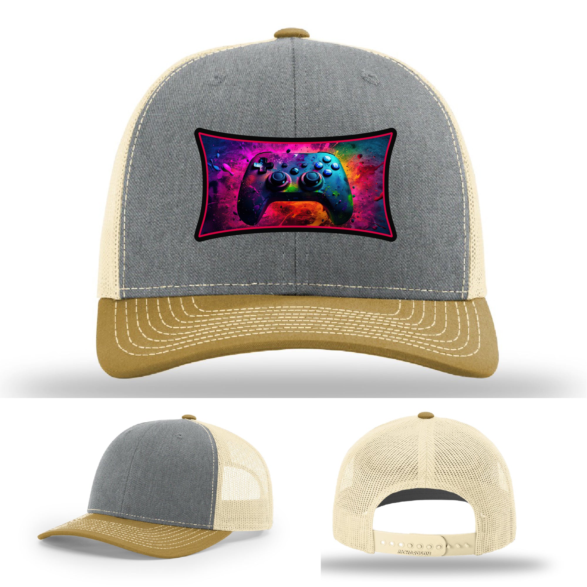 Custom Richardson gaming hat with neon galaxy controller patch – bold gamer merch.