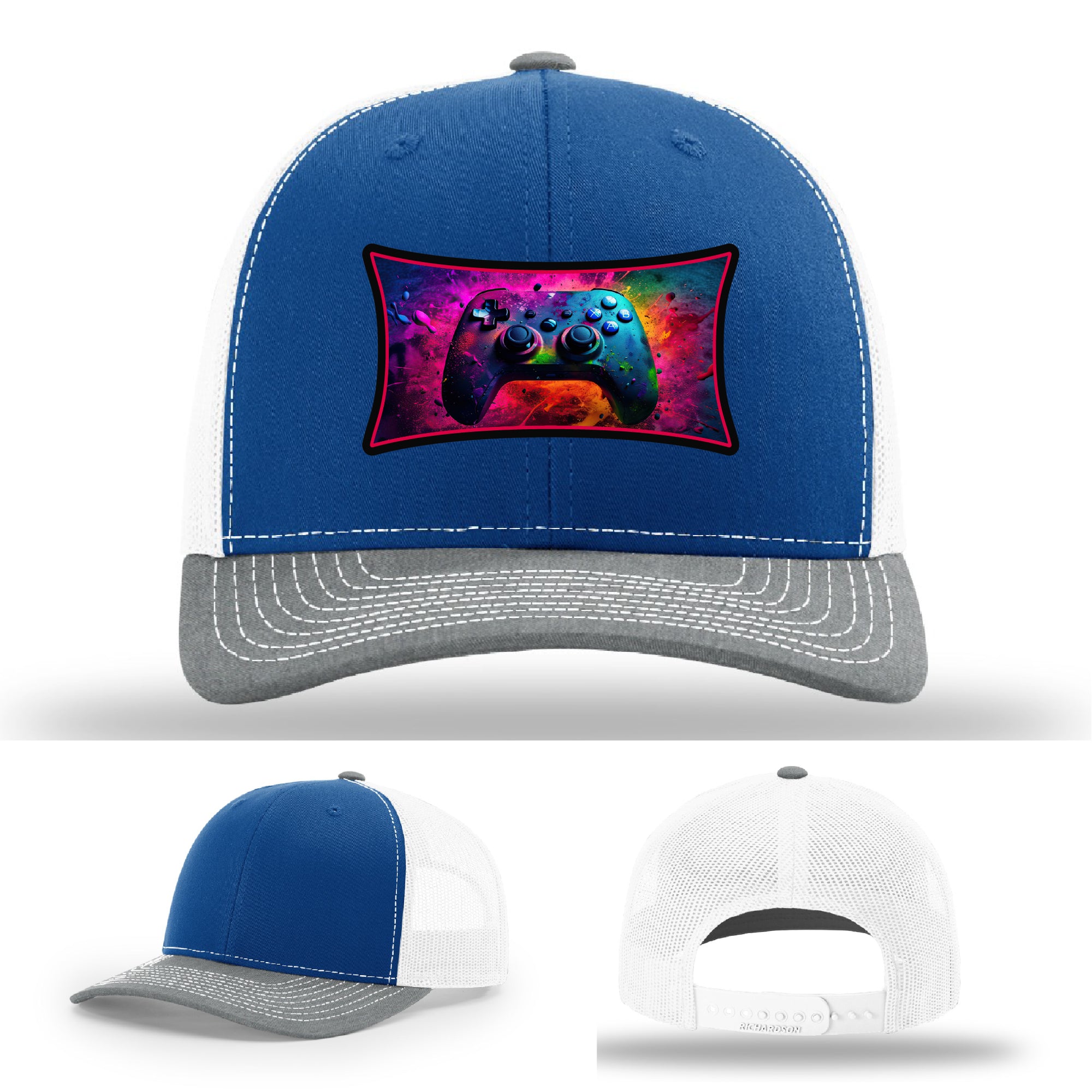 Custom Richardson gaming hat with neon galaxy controller patch – bold gamer merch.