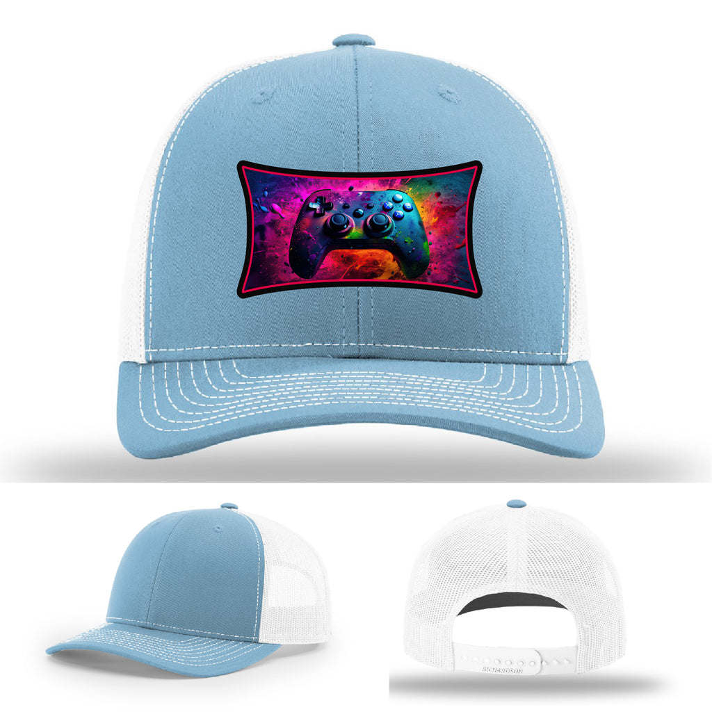 Custom Richardson gaming hat with neon galaxy controller patch – bold gamer merch.