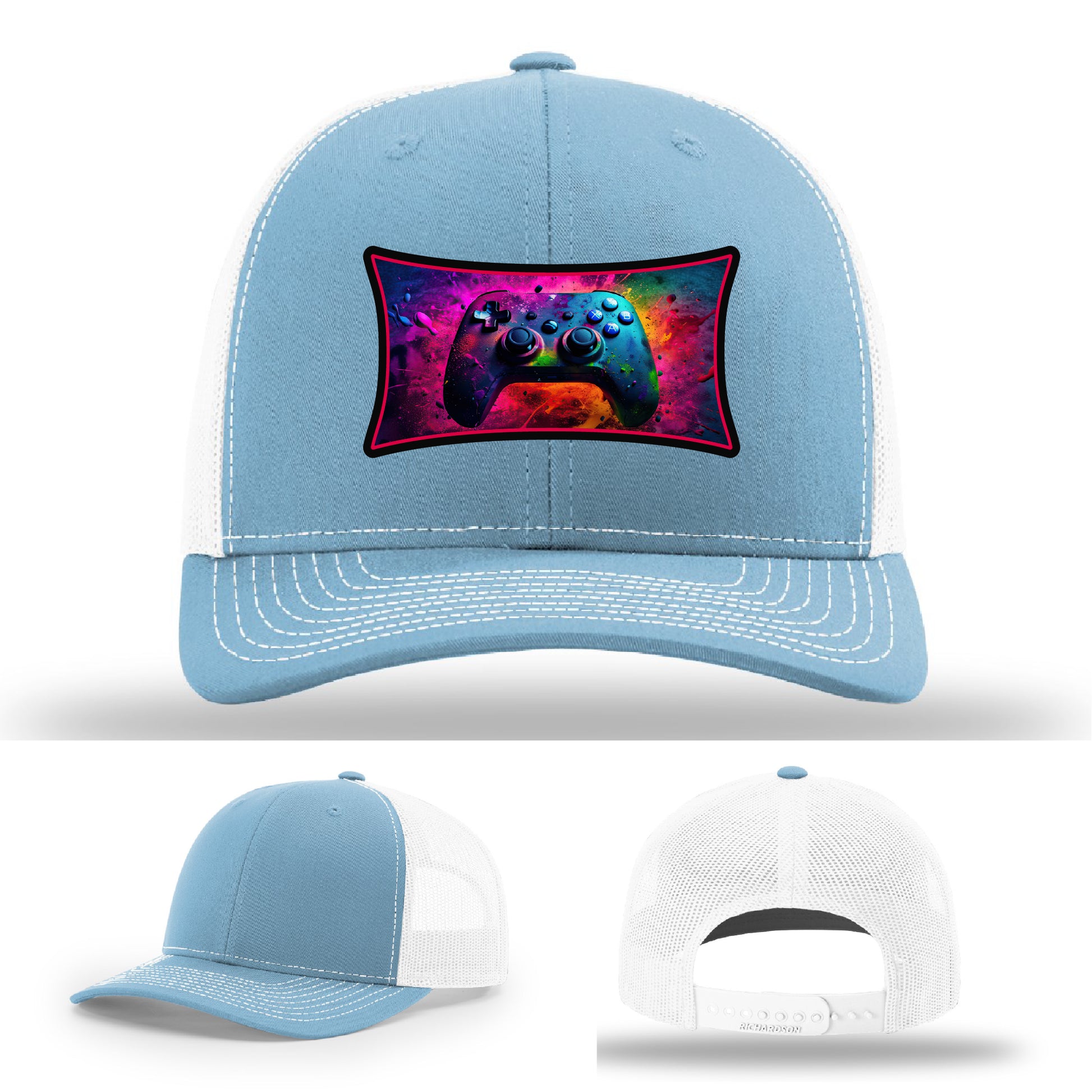 Custom Richardson gaming hat with neon galaxy controller patch – bold gamer merch.