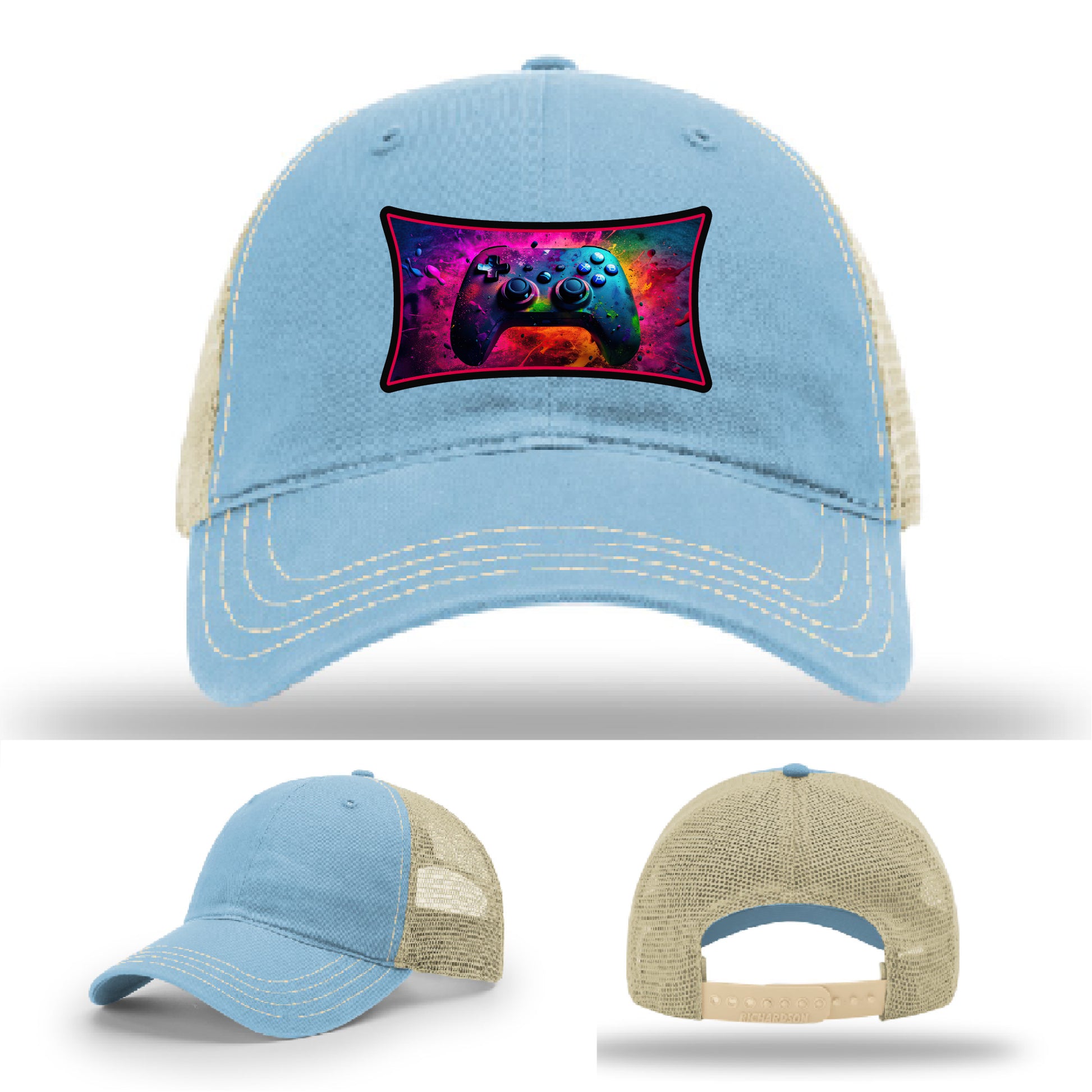 Custom Richardson gaming hat with neon galaxy controller patch – bold gamer merch.