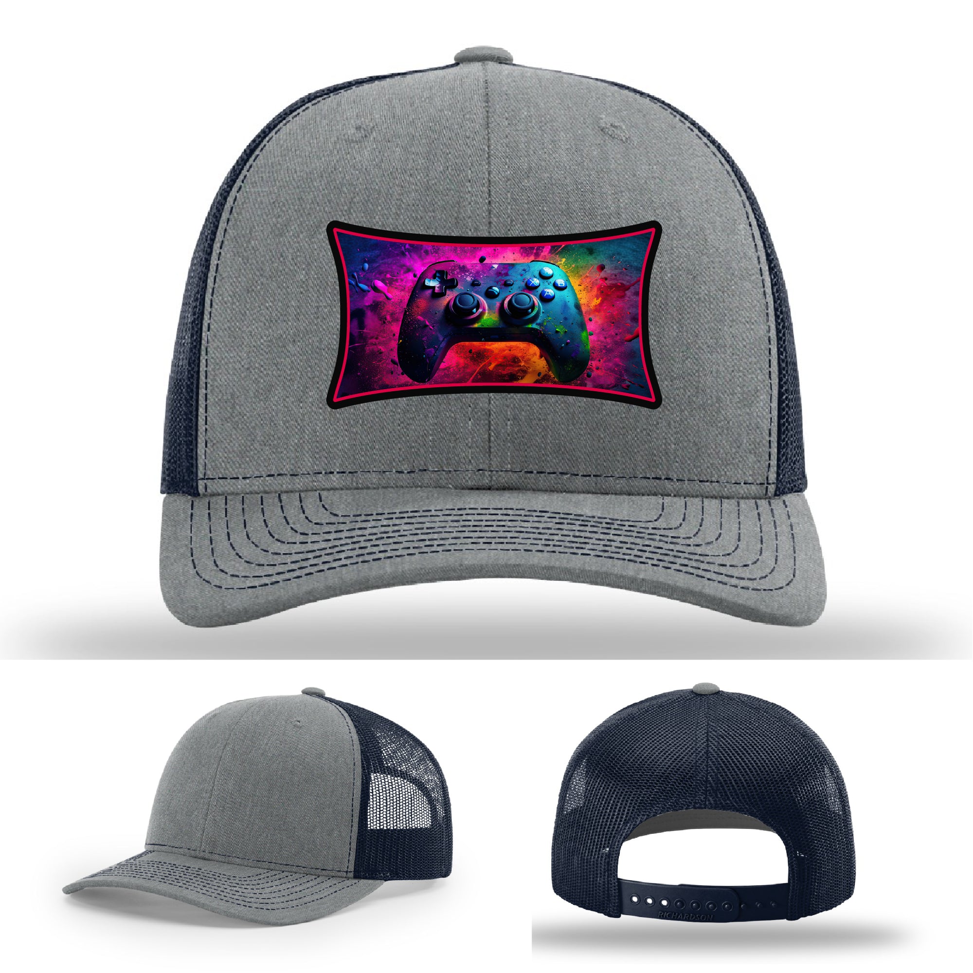 Custom Richardson gaming hat with neon galaxy controller patch – bold gamer merch.