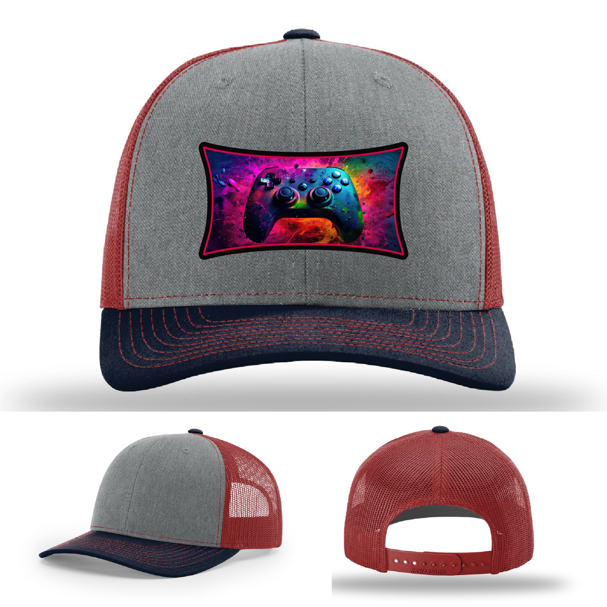 Custom Richardson gaming hat with neon galaxy controller patch – bold gamer merch.