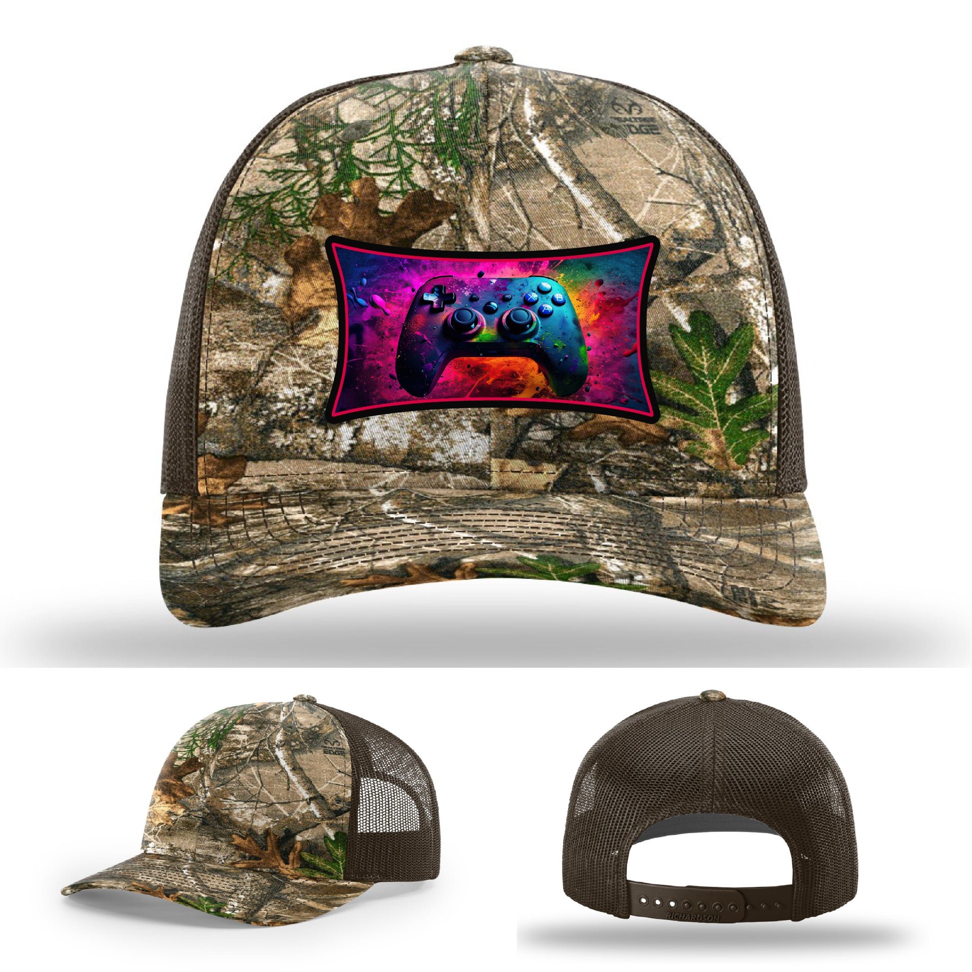 Custom Richardson gaming hat with neon galaxy controller patch – bold gamer merch.