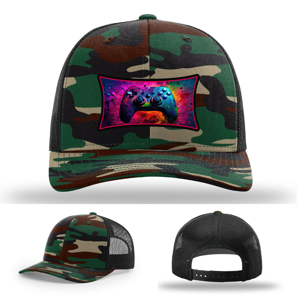 Custom Richardson gaming hat with neon galaxy controller patch – bold gamer merch.