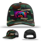 Custom Richardson gaming hat with neon galaxy controller patch – bold gamer merch.