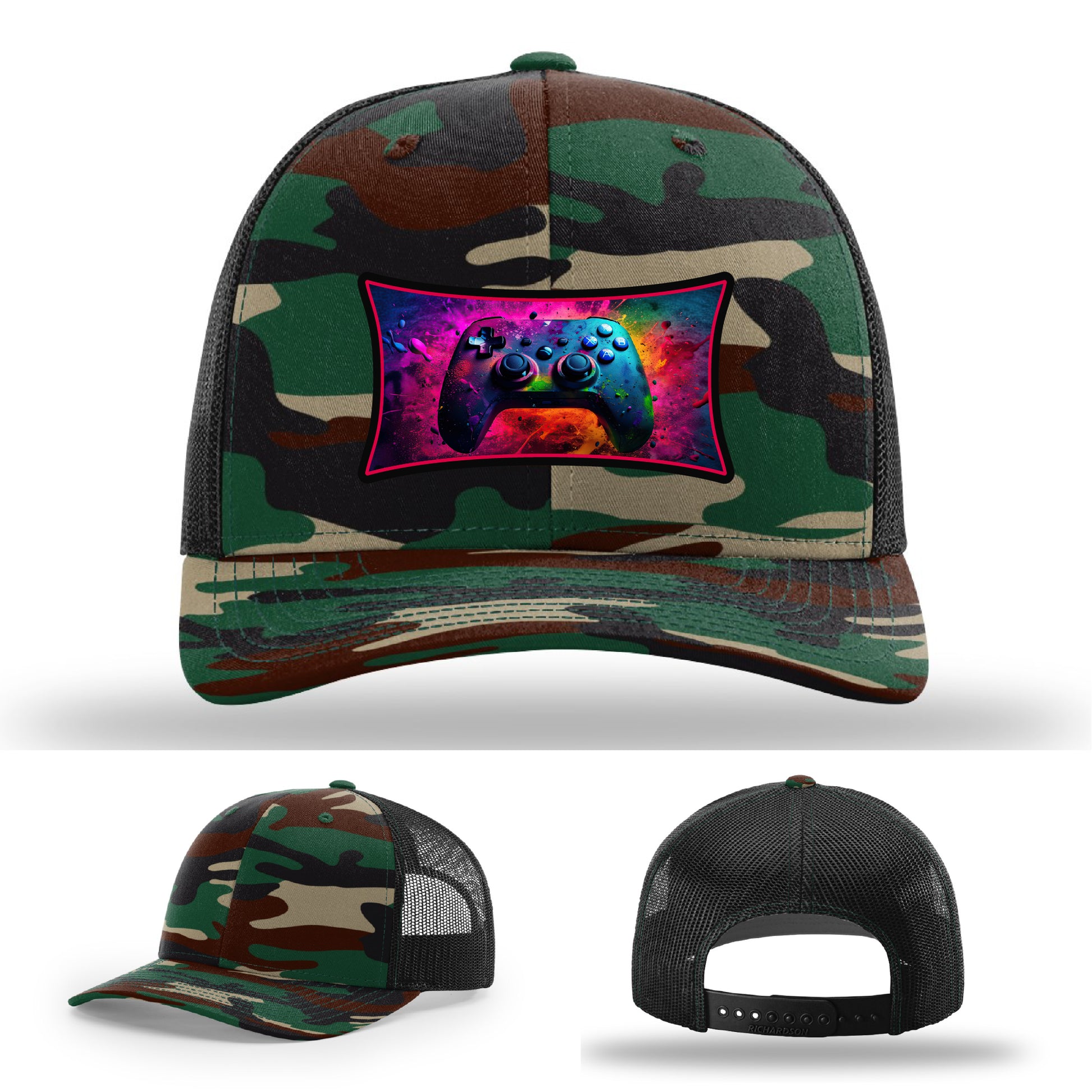 Custom Richardson gaming hat with neon galaxy controller patch – bold gamer merch.