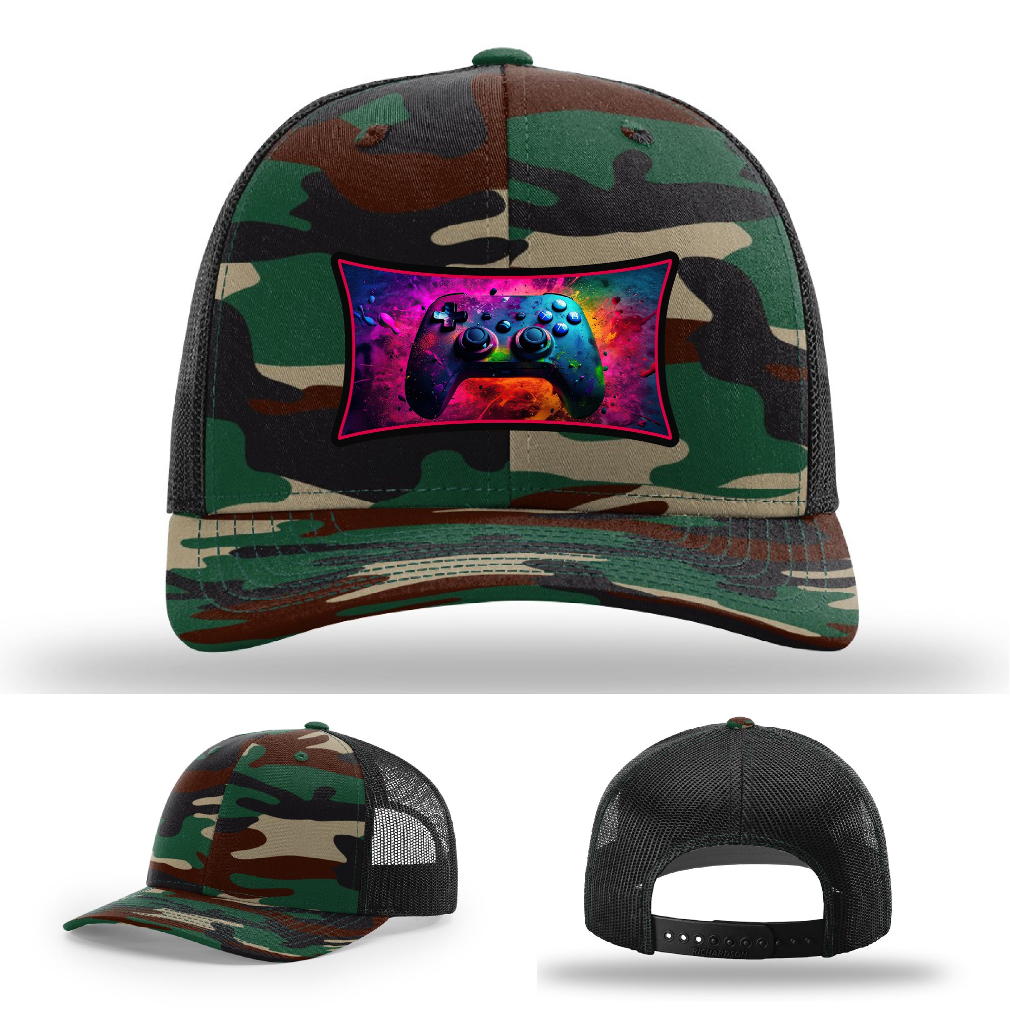 Custom Richardson gaming hat with neon galaxy controller patch – bold gamer merch.
