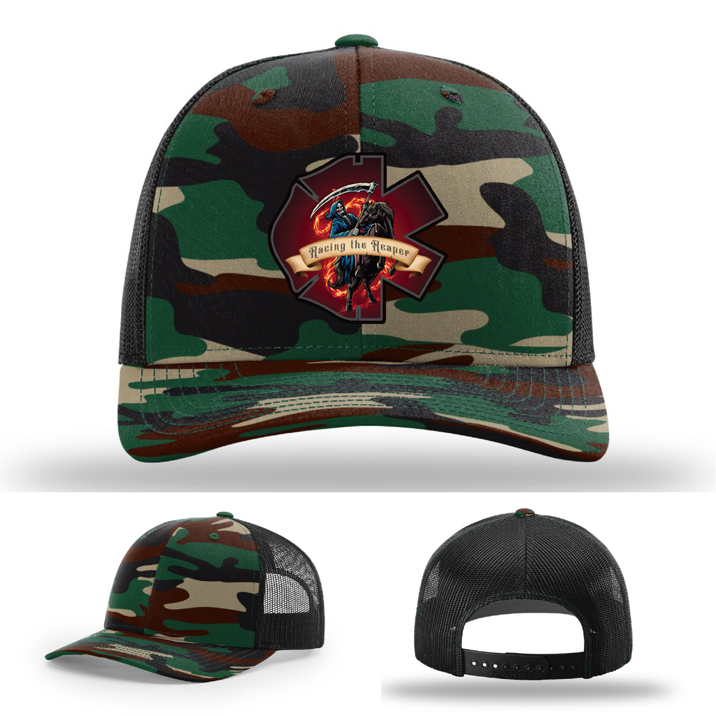 Multiple Racing the Reaper logo styles – leather firefighter patch variants on hats