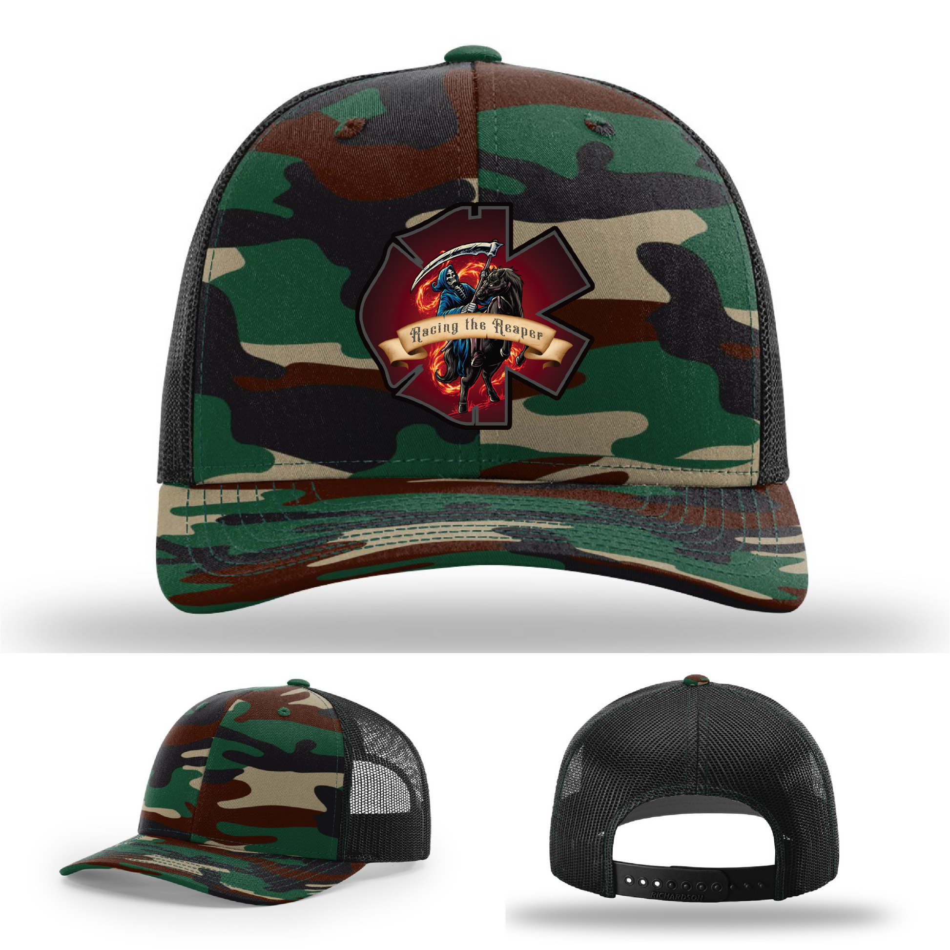 Multiple Racing the Reaper logo styles – leather firefighter patch variants on hats
