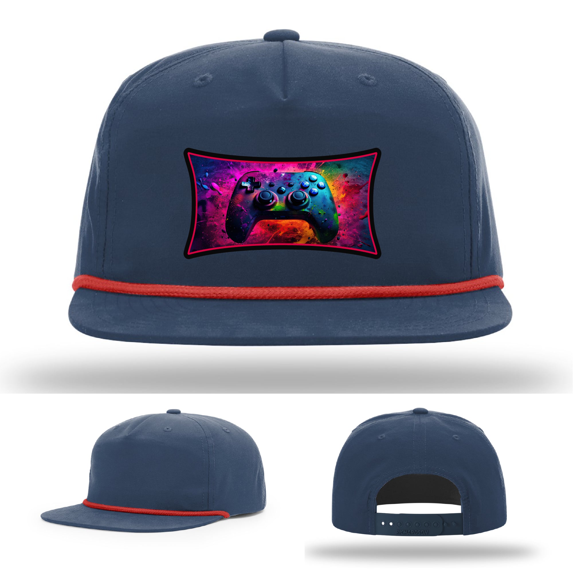 Custom Richardson gaming hat with neon galaxy controller patch – bold gamer merch.