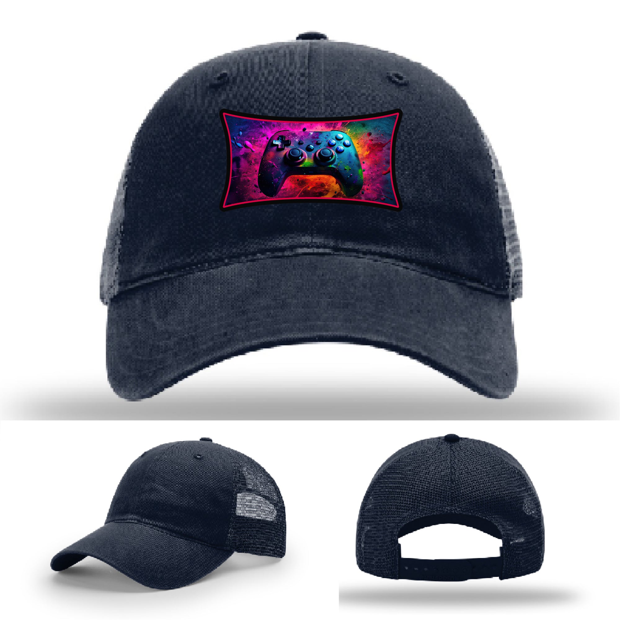 Custom Richardson gaming hat with neon galaxy controller patch – bold gamer merch.