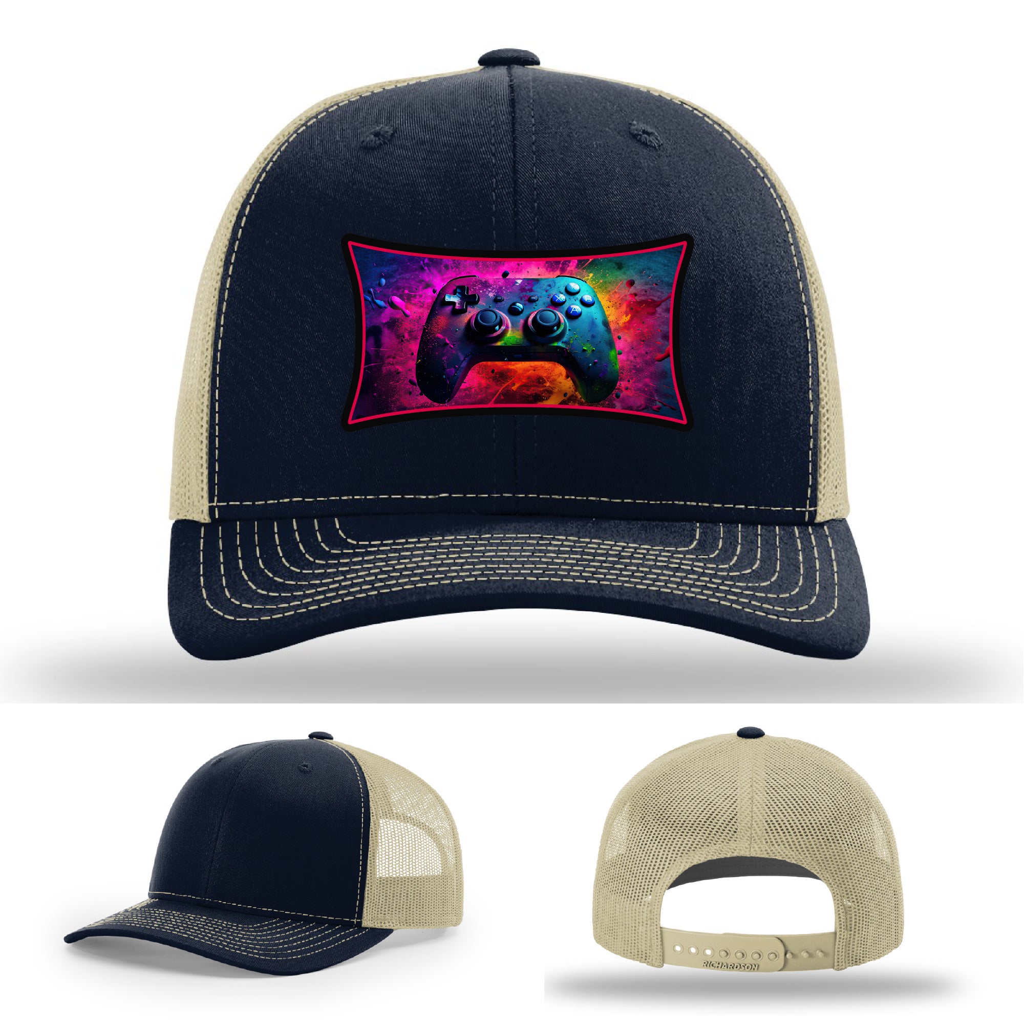Custom Richardson gaming hat with neon galaxy controller patch – bold gamer merch.