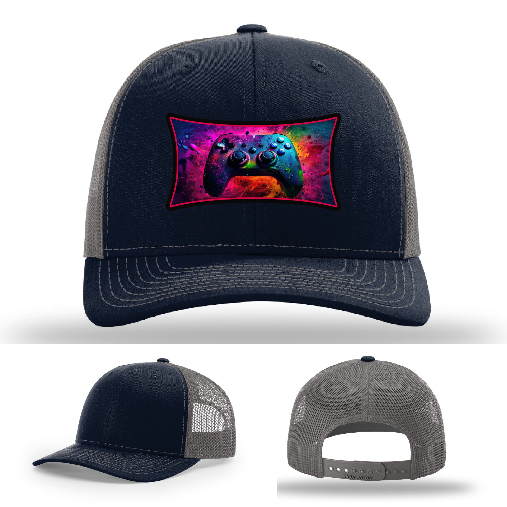 Custom Richardson gaming hat with neon galaxy controller patch – bold gamer merch.