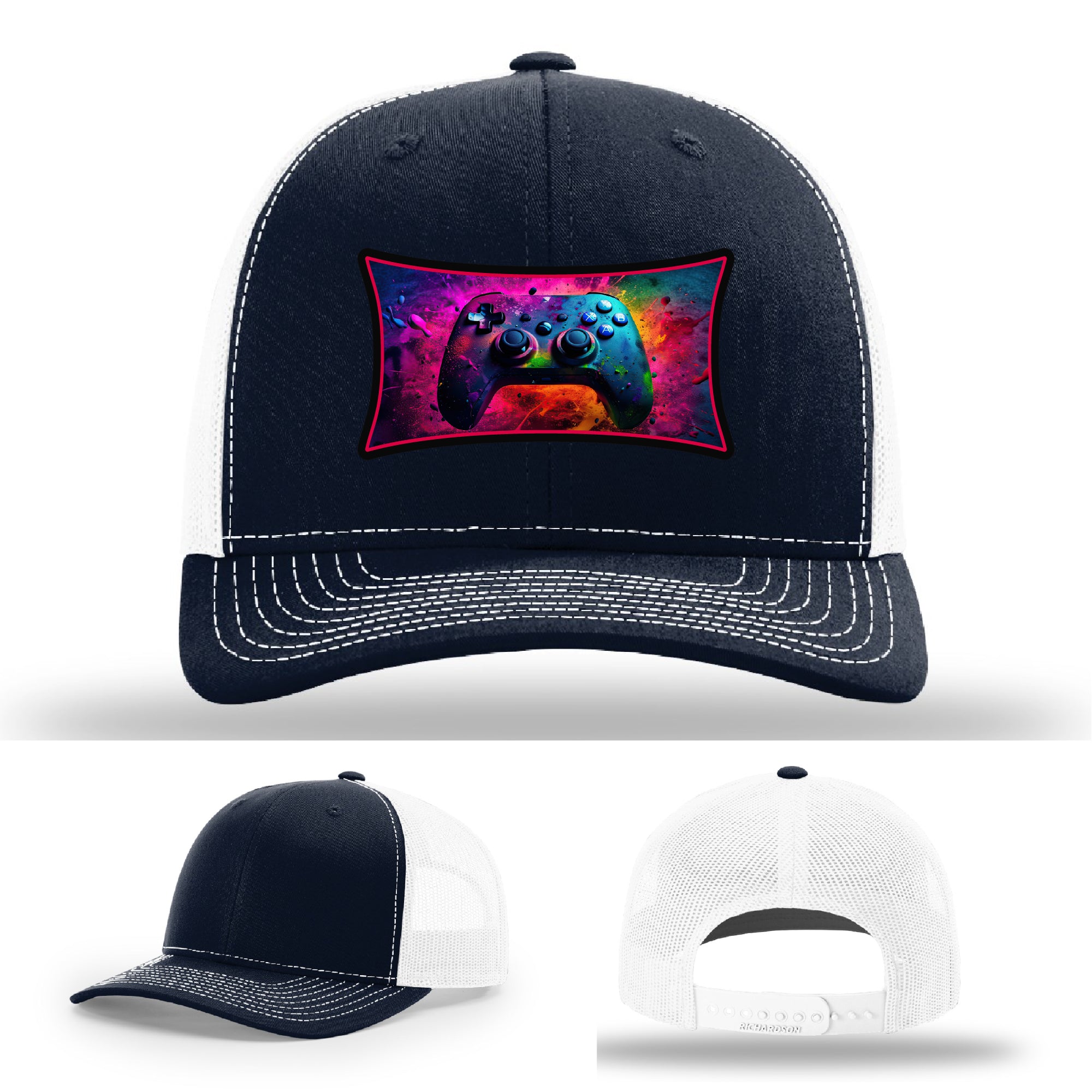 Custom Richardson gaming hat with neon galaxy controller patch – bold gamer merch.