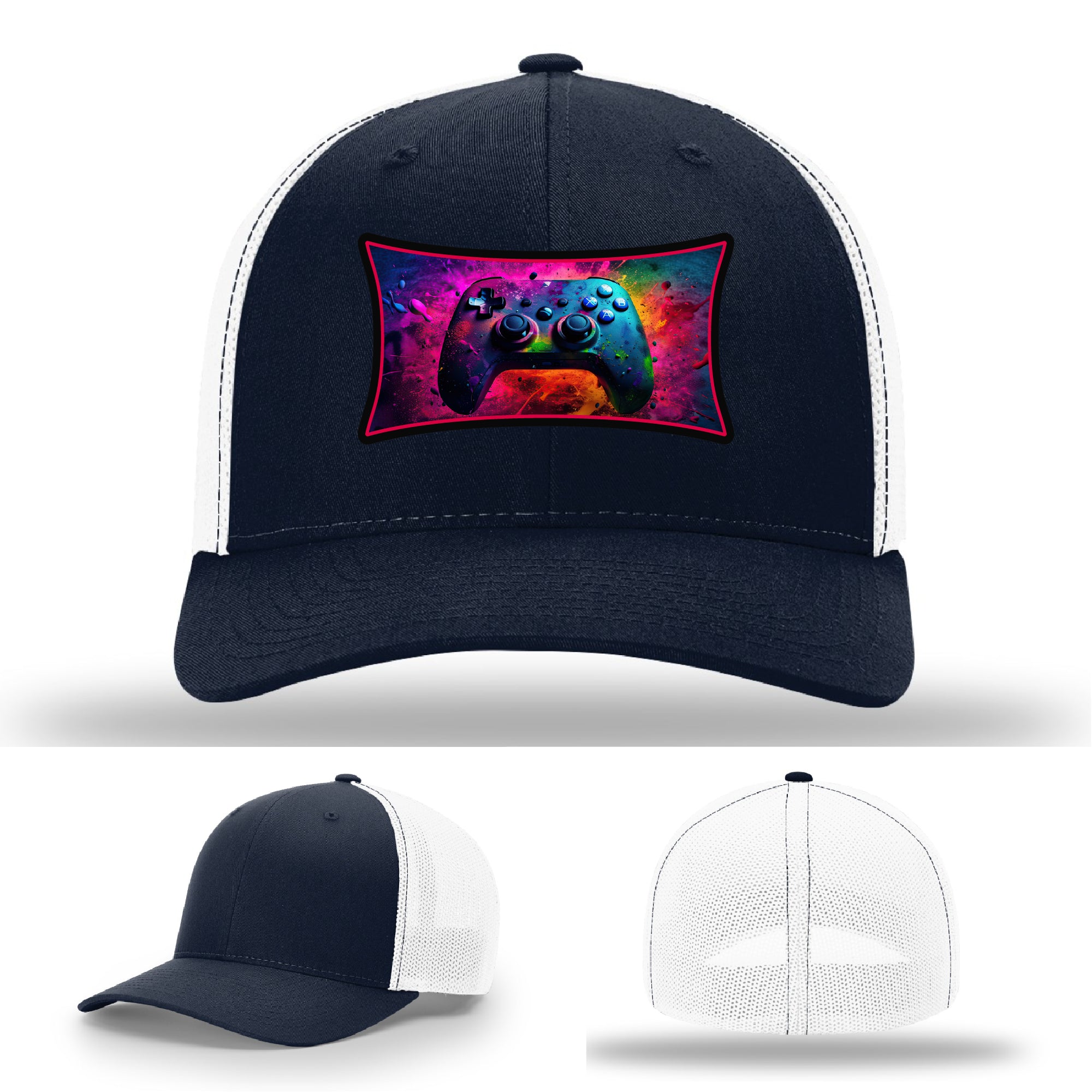 Custom Richardson gaming hat with neon galaxy controller patch – bold gamer merch.