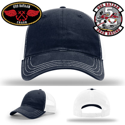 Bold leather patch hat featuring USS Bataan symbol