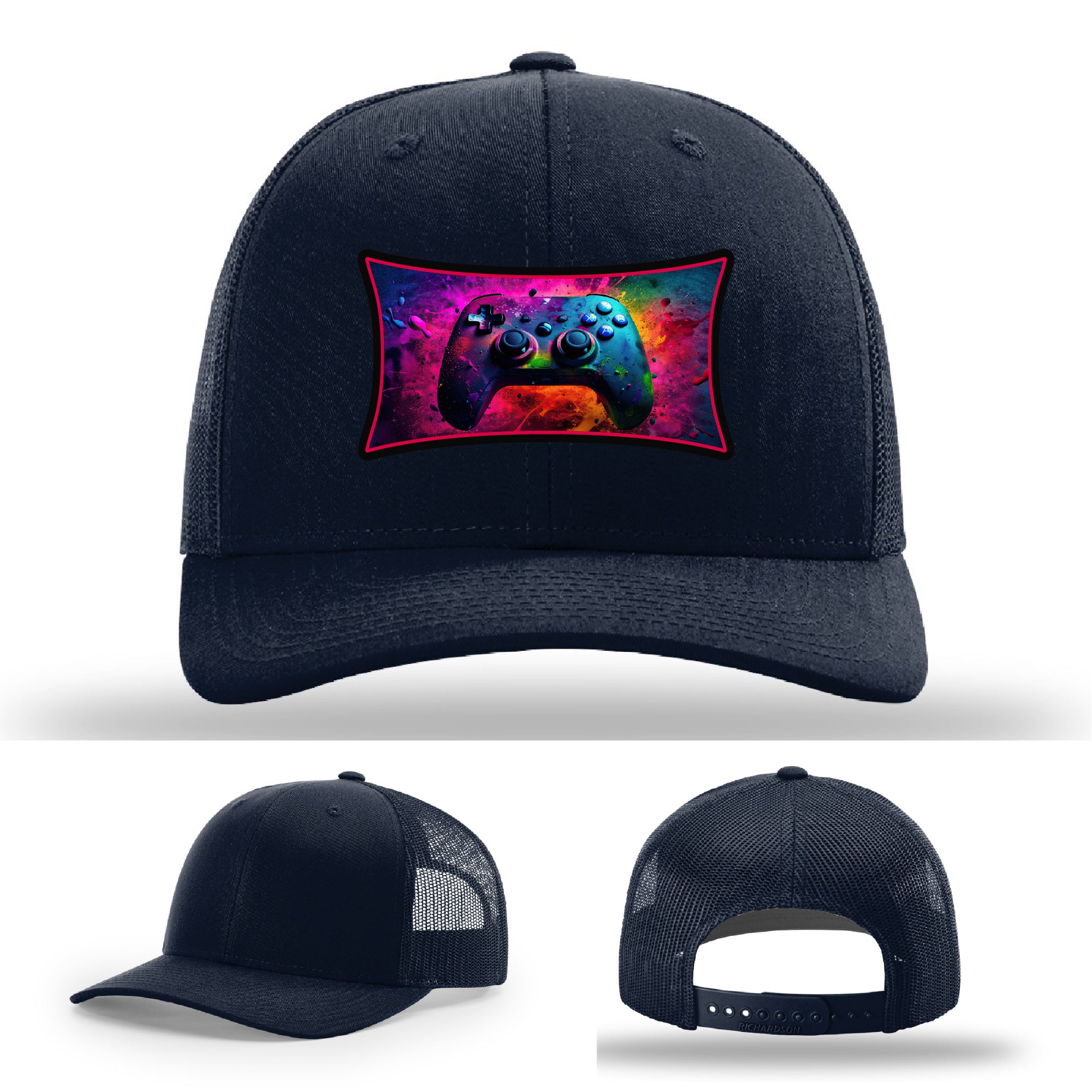 Custom Richardson gaming hat with neon galaxy controller patch – bold gamer merch.