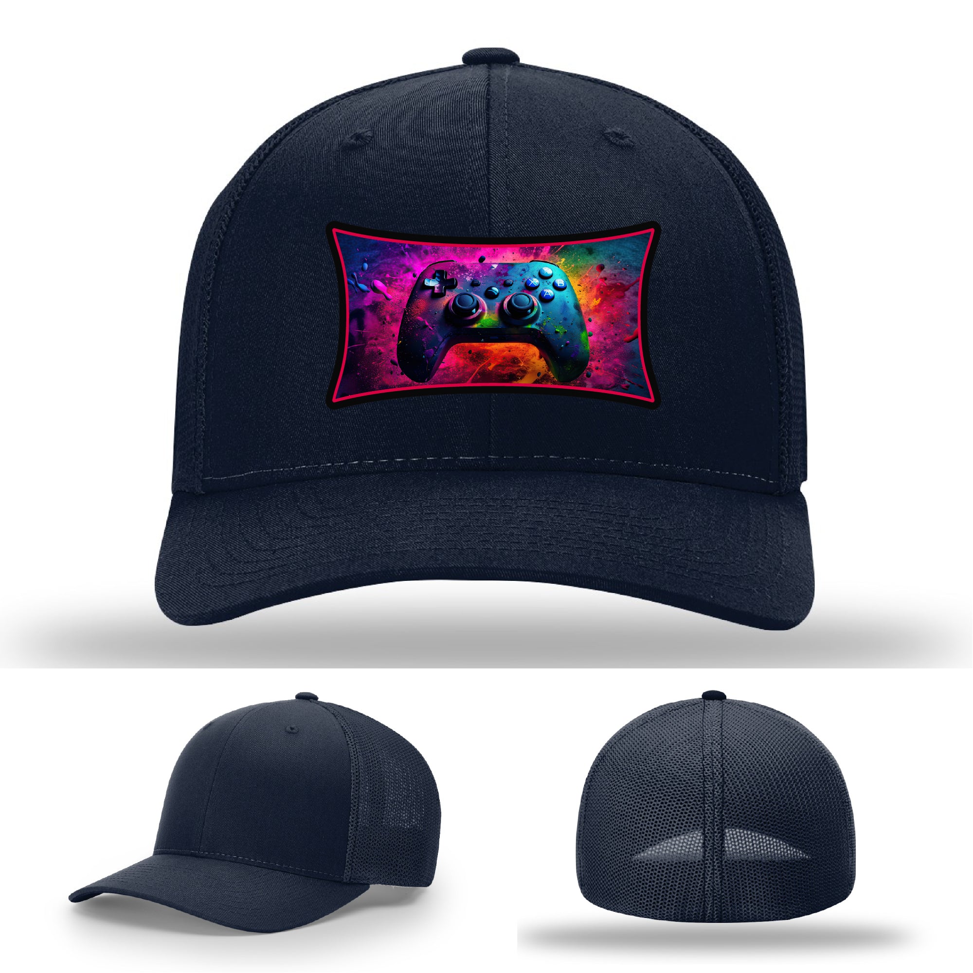 Custom Richardson gaming hat with neon galaxy controller patch – bold gamer merch.